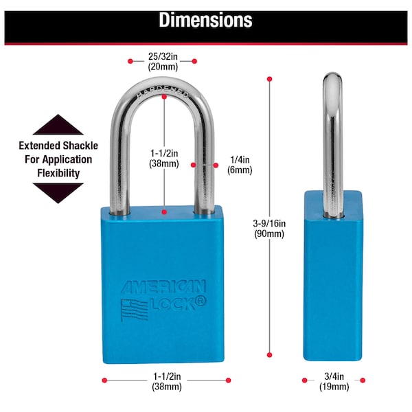 American Lock Lockout Padlock, Keyed Different, Anodized Aluminum, 1 1/2 in Shackle, Includes 2 Keys, Blue - A1106BLU