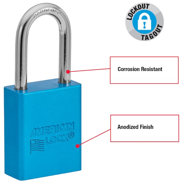 American Lock Lockout Padlock, Keyed Different, Anodized Aluminum, 1 1/2 in Shackle, Includes 2 Keys, Blue - A1106BLU