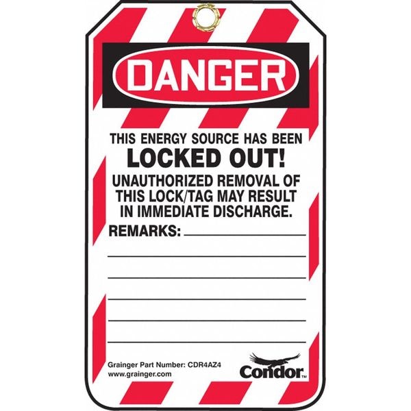 Condor Lockout Tag, Locked Out / Do Not Operate / Only Removed By, Plastic, 3.25 in W x 5.75 in H, Pack 10 - 48RU16
