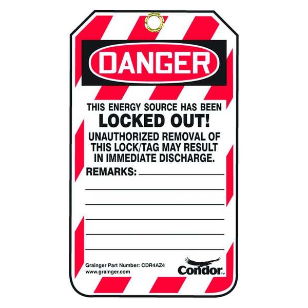 Condor Lockout Tag, Locked Out / Do Not Operate / Only Removed By, Plastic, 3.25 in W x 5.75 in H, Pack 10 - 48RU16