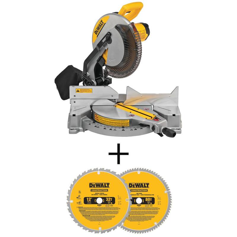 Sierra ingleteadora compuesta DEWALT de 15 amperes y 12 pulgadas con bisel simple, con cuchilla de sierra ingleteadora de 12 pulgadas de 32 dientes y 80 dientes (paquete de 2) - DWS715WDW3128P5