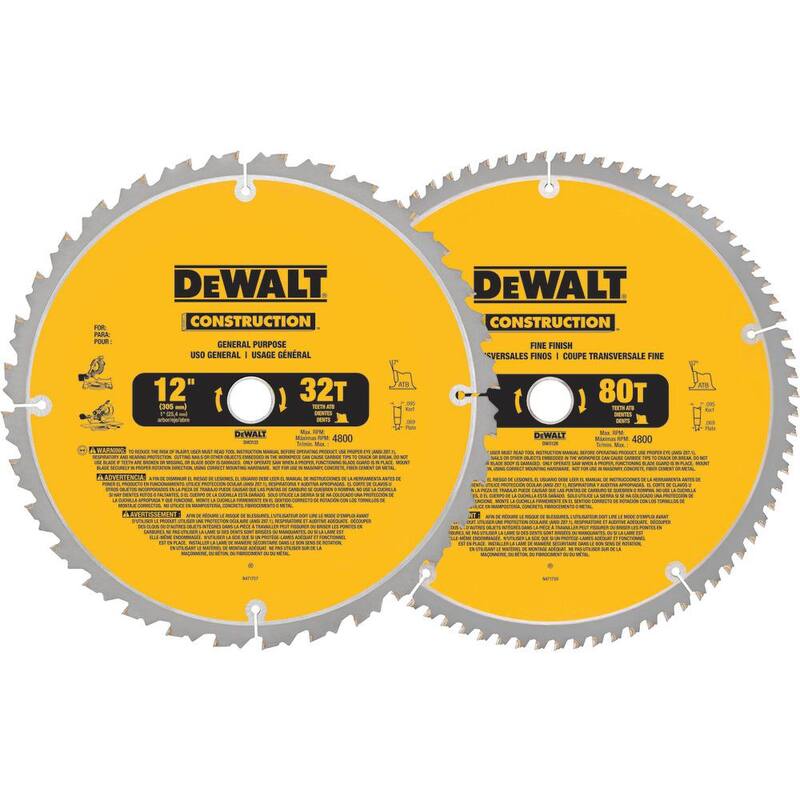 Sierra ingleteadora compuesta DEWALT de 15 amperes y 12 pulgadas con bisel simple, con cuchilla de sierra ingleteadora de 12 pulgadas de 32 dientes y 80 dientes (paquete de 2) - DWS715WDW3128P5