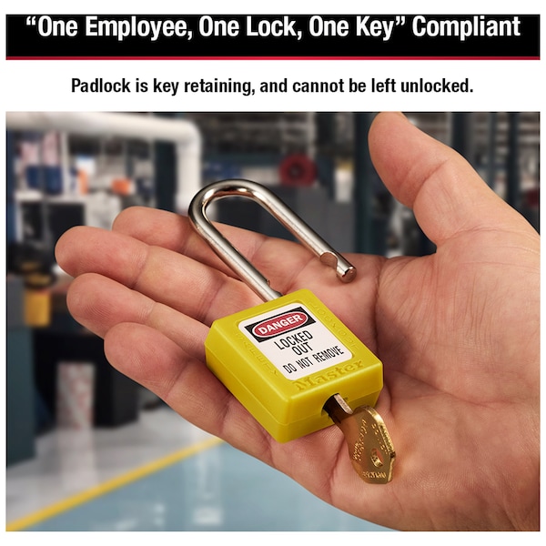 Master Lock Zenex Thermoplastic Safety Padlock, 1-1/2 in Wide with 1-1/2 in Tall Shackle, Yellow - 410YLW
