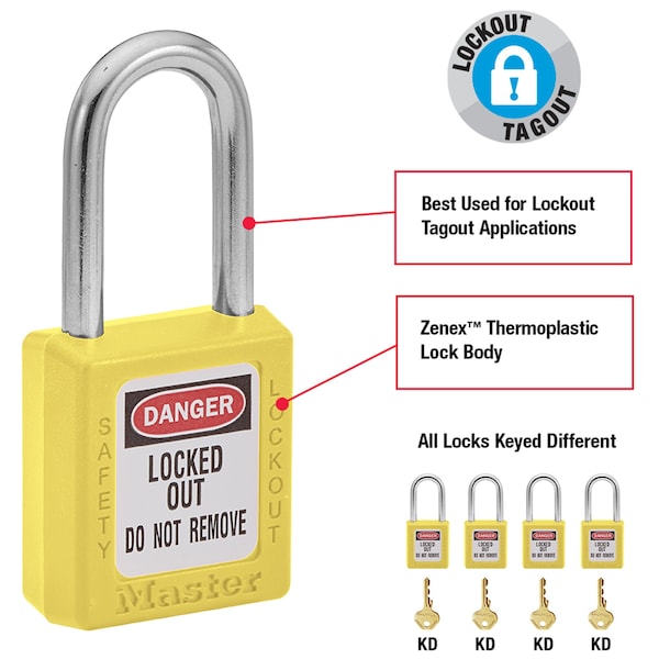 Master Lock Zenex Thermoplastic Safety Padlock, 1-1/2 in Wide with 1-1/2 in Tall Shackle, Yellow - 410YLW