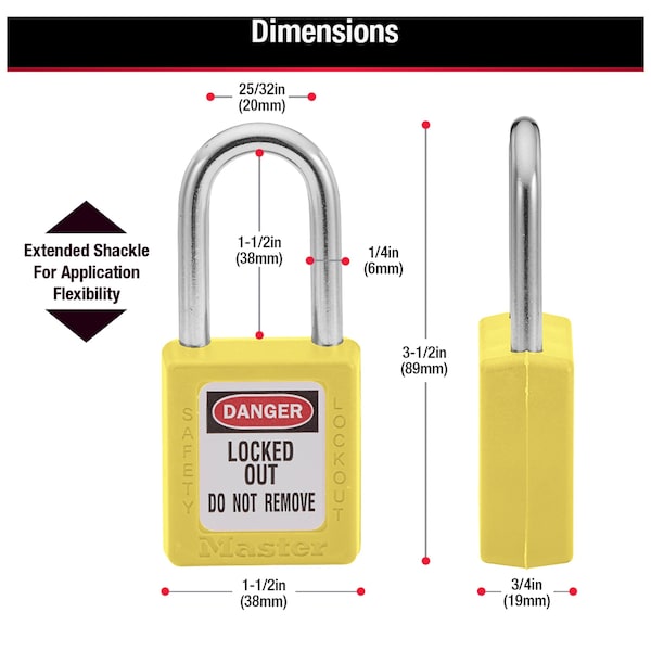 Master Lock Zenex Thermoplastic Safety Padlock, 1-1/2 in Wide with 1-1/2 in Tall Shackle, Yellow - 410YLW