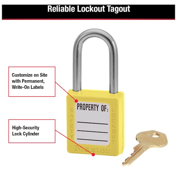 Master Lock Zenex Thermoplastic Safety Padlock, 1-1/2 in Wide with 1-1/2 in Tall Shackle, Yellow - 410YLW