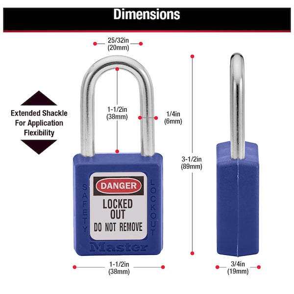 Master Lock Zenex Thermoplastic Safety Padlock, 1-1/2 in Wide with 1-1/2 in Shackle, Blue - 410BLU