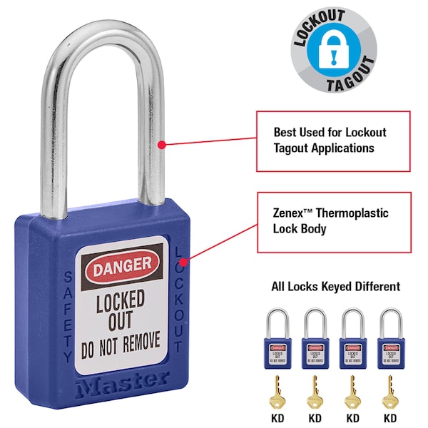 Master Lock Zenex Thermoplastic Safety Padlock, 1-1/2 in Wide with 1-1/2 in Shackle, Blue - 410BLU