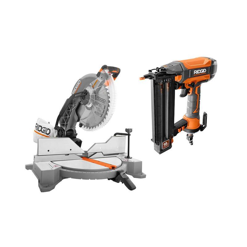 Sierra ingletadora de bisel doble con cable de 15 amperios de RIDGID de 12 pulgadas con LED y clavadora neumática de 18 calibres de 2-1/8 pulgadas con bolsa de herramientas - R4123-R213BNF