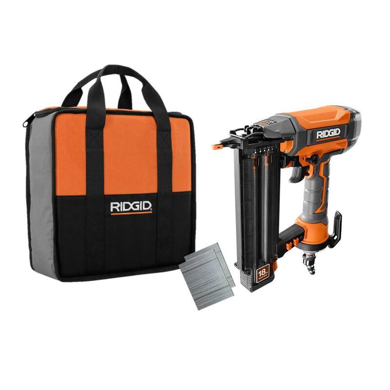 Sierra ingletadora de bisel doble con cable de 15 amperios de RIDGID de 12 pulgadas con LED y clavadora neumática de 18 calibres de 2-1/8 pulgadas con bolsa de herramientas - R4123-R213BNF