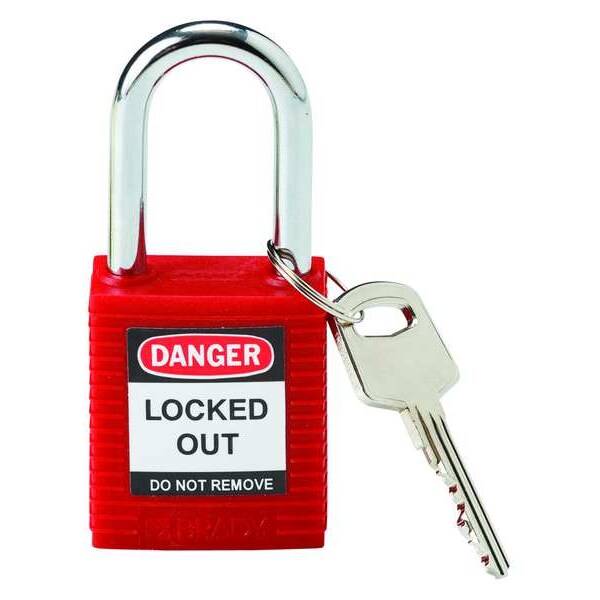 Brady Lockout Padlock, Keyed Different, Nylon, Standard Body Size, 1-3/4 in H, Shackle Dia 1/4 in, Red - 99552