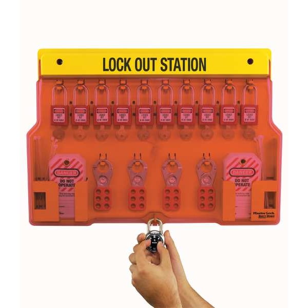 Master Lock Lockout Station, Wall Mounted, 10-Lock Covered Station with 410RED Zenex Thermoplastic Padlocks - 1483BP410