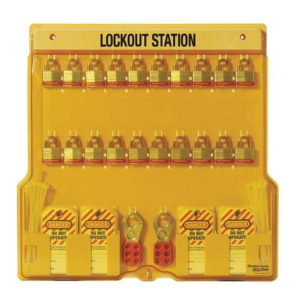 Master Lock Lockout Station, Wall Mounted, 10-Lock Covered Station with 410RED Zenex Thermoplastic Padlocks - 1483BP410