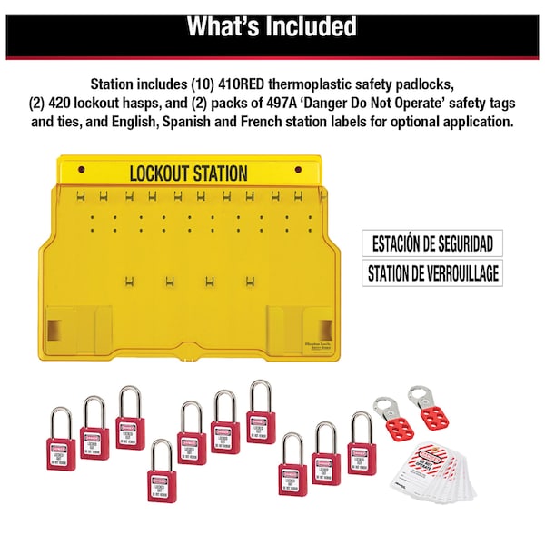 Master Lock Lockout Station, Wall Mounted, 10-Lock Covered Station with 410RED Zenex Thermoplastic Padlocks - 1483BP410