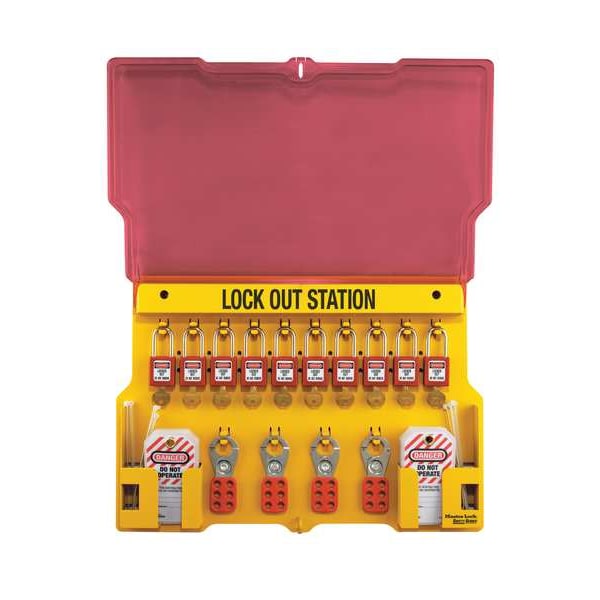 Master Lock Lockout Station, Wall Mounted, 10-Lock Covered Station with 410RED Zenex Thermoplastic Padlocks - 1483BP410