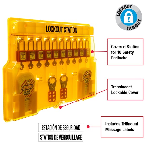 Master Lock Lockout Station, Wall Mounted, 10-Lock Covered Station with 410RED Zenex Thermoplastic Padlocks - 1483BP410