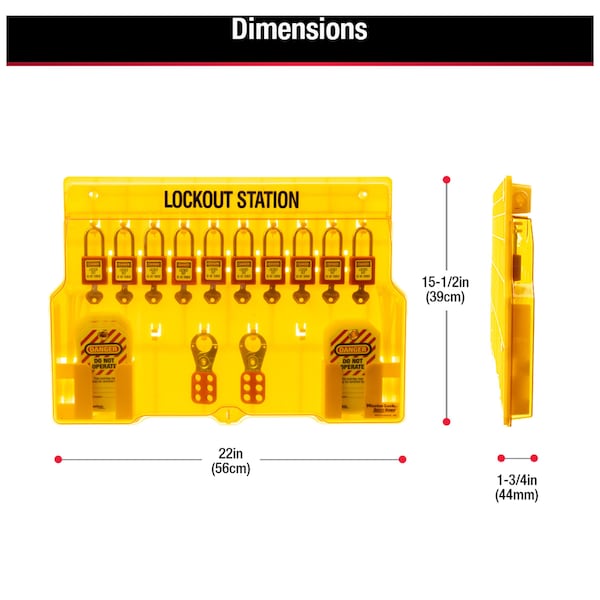 Master Lock Lockout Station, Wall Mounted, 10-Lock Covered Station with 410RED Zenex Thermoplastic Padlocks - 1483BP410