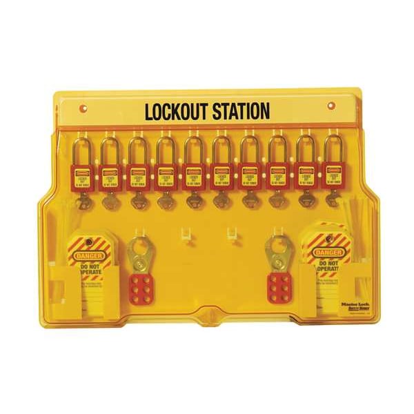 Master Lock Lockout Station, Wall Mounted, 10-Lock Covered Station with 410RED Zenex Thermoplastic Padlocks - 1483BP410