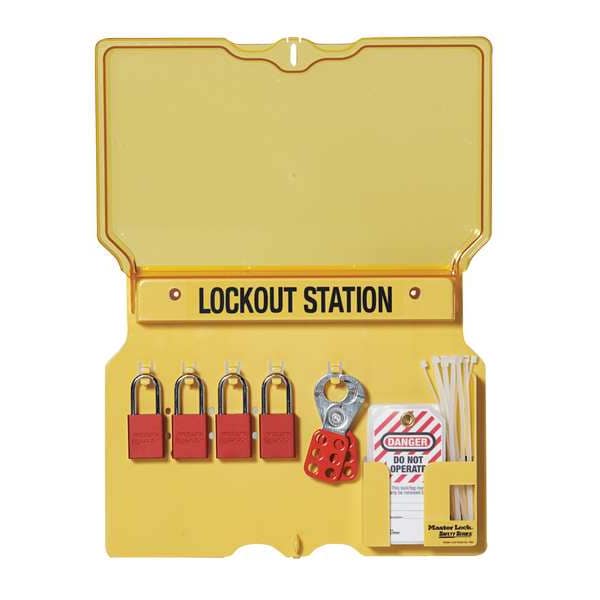 Master Lock Lockout Station, Wall Mounted, 10-Lock Covered Station with 410RED Zenex Thermoplastic Padlocks - 1483BP410
