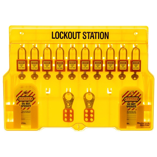 Master Lock Lockout Station, Wall Mounted, 10-Lock Covered Station with 410RED Zenex Thermoplastic Padlocks - 1483BP410