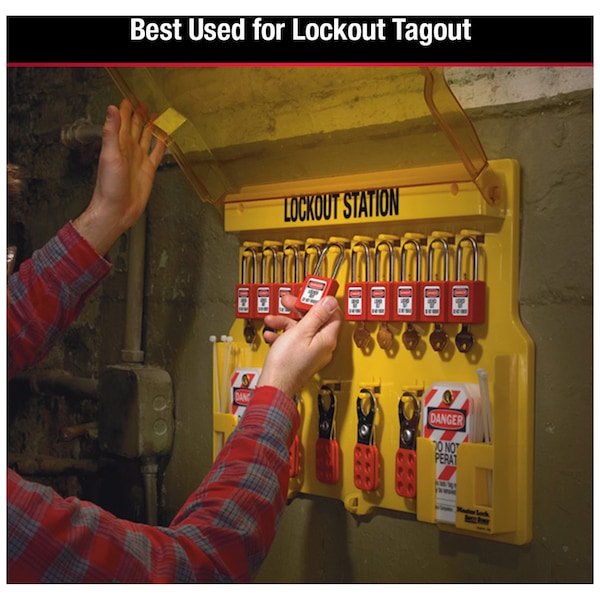 Master Lock Lockout Station, Wall Mounted, 10-Lock Covered Station with 410RED Zenex Thermoplastic Padlocks - 1483BP410