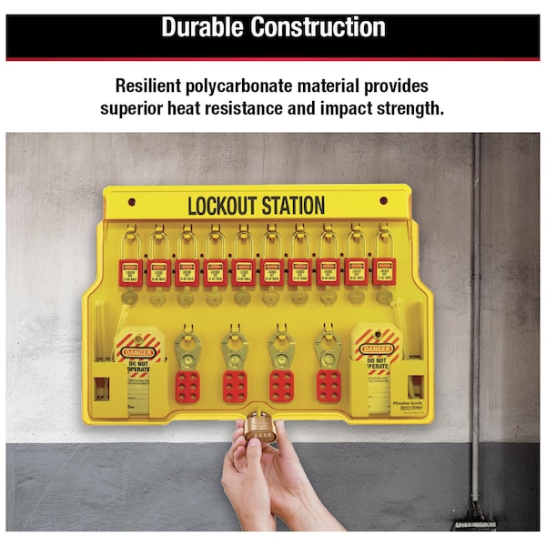 Master Lock Lockout Station, Wall Mounted, 10-Lock Covered Station with 410RED Zenex Thermoplastic Padlocks - 1483BP410