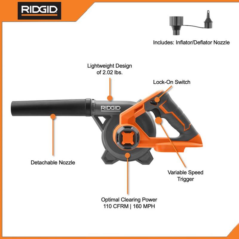 Sierra ingleteadora de bisel doble de 12 pulgadas con cable de 15 amperios RIDGID y soplador compacto inalámbrico de 18V para sitio de trabajo con boquilla inflador/desinflador - R4123-R86043B