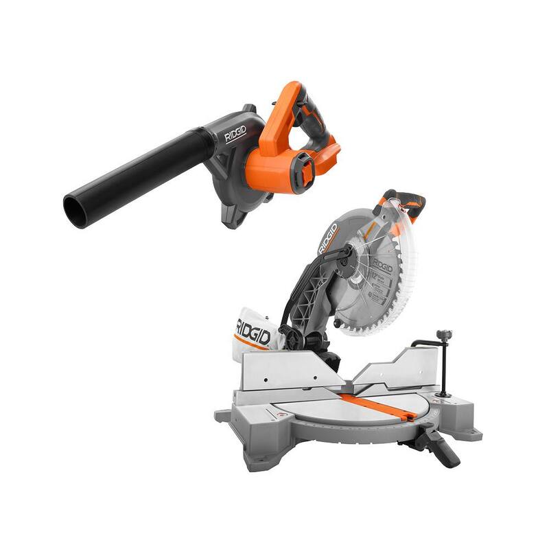 Sierra ingleteadora de bisel doble de 12 pulgadas con cable de 15 amperios RIDGID y soplador compacto inalámbrico de 18V para sitio de trabajo con boquilla inflador/desinflador - R4123-R86043B