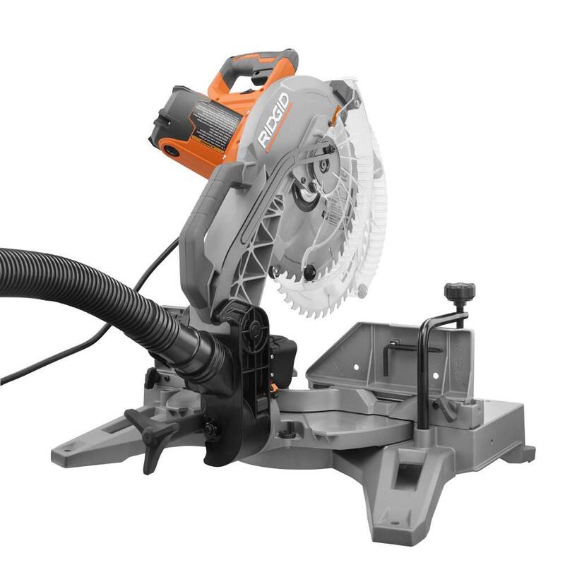 Sierra ingleteadora de bisel doble de 12 pulgadas con cable de 15 amperios RIDGID y soplador compacto inalámbrico de 18V para sitio de trabajo con boquilla inflador/desinflador - R4123-R86043B