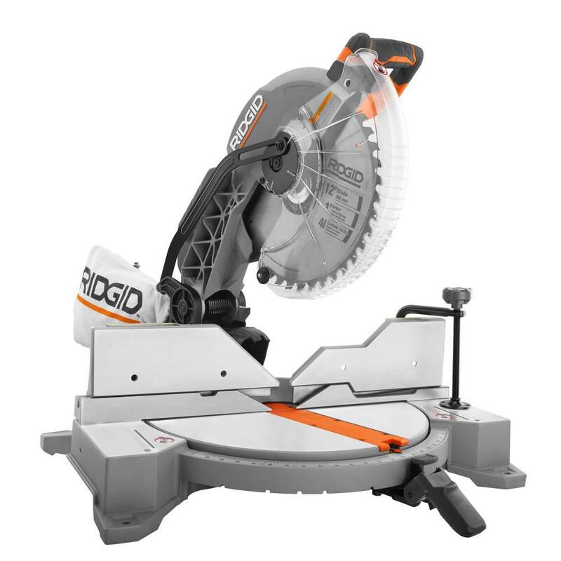 Sierra ingleteadora de bisel doble de 12 pulgadas con cable de 15 amperios RIDGID y soplador compacto inalámbrico de 18V para sitio de trabajo con boquilla inflador/desinflador - R4123-R86043B