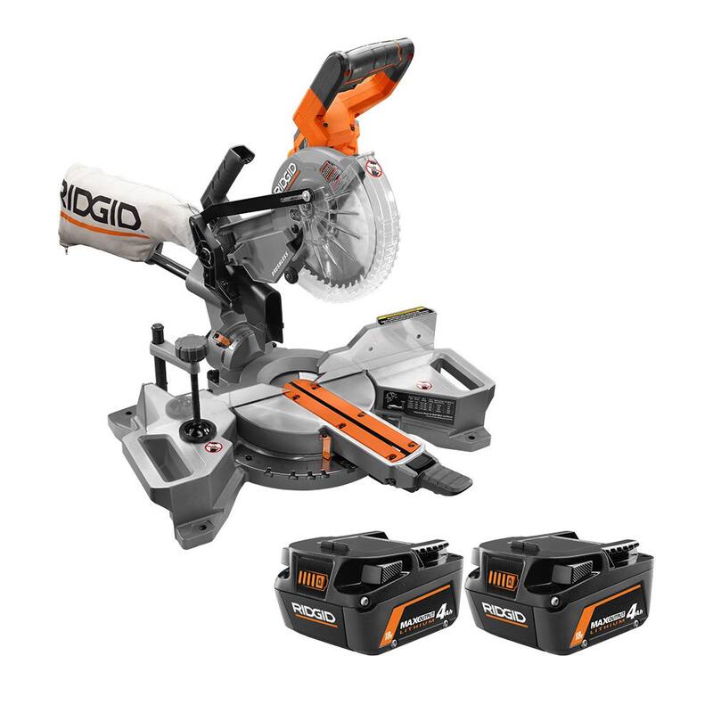 Sierra ingletadora deslizante inalámbrica sin escobillas de 18V RIDGID de 7-1/4 pulgadas con batería de salida máxima de 4.0 Ah (paquete de 2) - R48607B-AC840040P