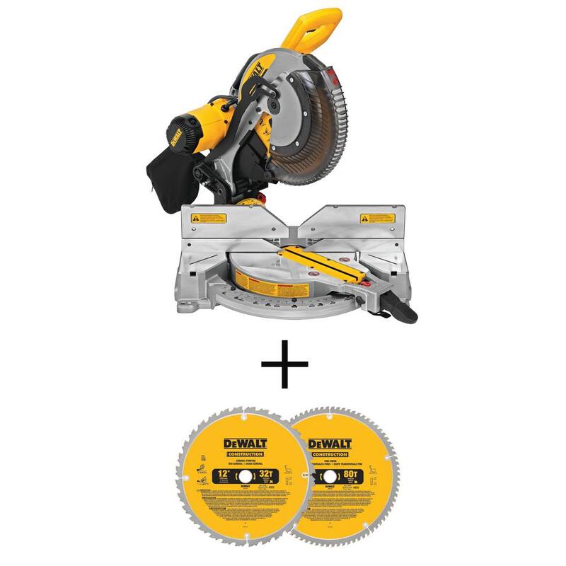 Sierra ingletadora compuesta de bisel doble con cable de 15 amperes DEWALT de 12 pulgadas y hoja de sierra ingletadora de 12 pulgadas, dientes de 32 y 80 (paquete de 2) - DWS716WDW3128P5