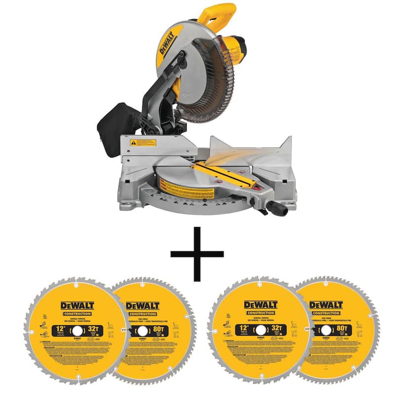 Sierra ingleteadora DEWALT de 15 amperes con bisel simple compuesto de 12 pulgadas y hoja para sierra ingleteadora de 12 pulgadas (Paquete de 4) - DWS715W3128P5X2