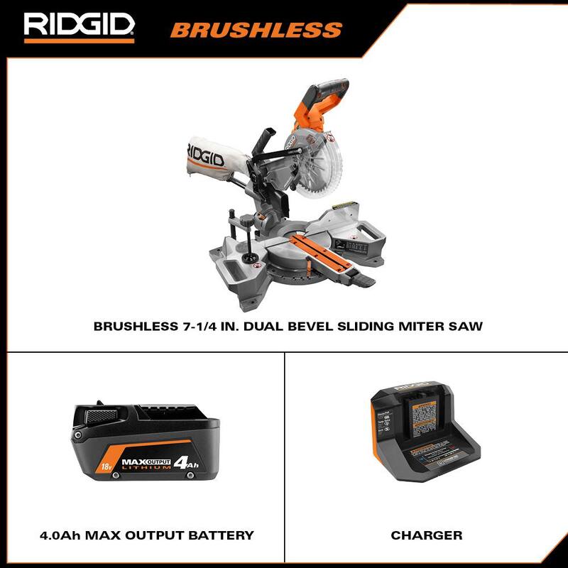 Sierra ingleteadora deslizante de doble bisel de 18V sin escobillas de 7-1/4 pulgadas de  RIDGID con batería de litio de 18V de salida máxima de 4.0 Ah y cargador - R48607B-AC9540