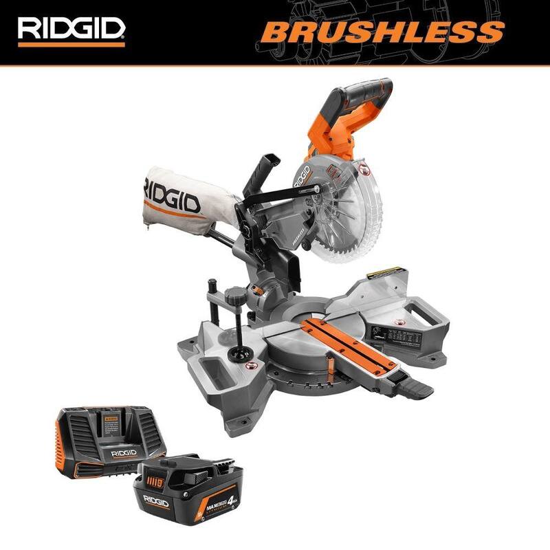 Sierra ingleteadora deslizante de doble bisel de 18V sin escobillas de 7-1/4 pulgadas de  RIDGID con batería de litio de 18V de salida máxima de 4.0 Ah y cargador - R48607B-AC9540