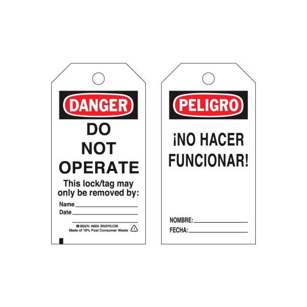Brady Brady Lockout Tag- Danger Do Not Operate, Bilingual Engligh/Spanish, Cardstock, 25/Pack - 65670