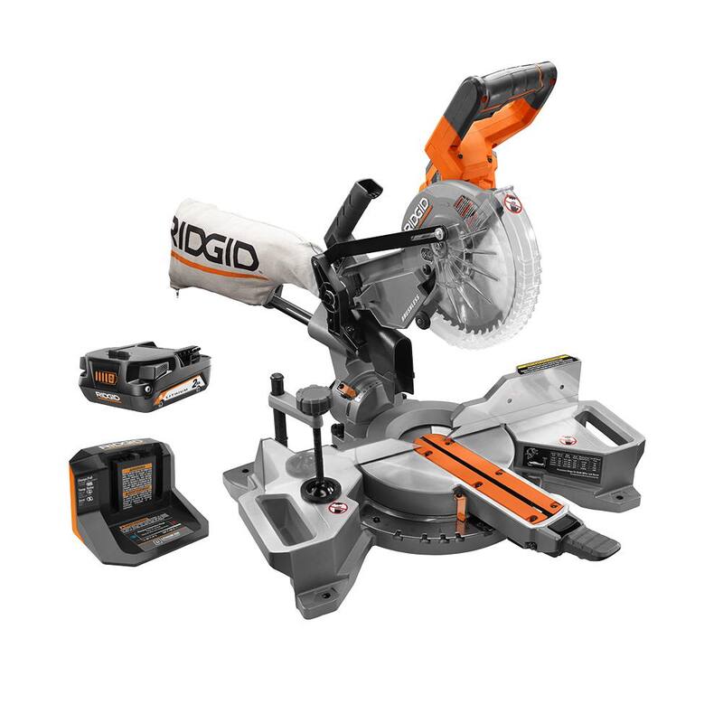 Sierra ingleteadora deslizante de bisel doble RIDGID 18V Brushless de 7-1/4 pulgadas con batería de iones de litio de 18V 2,0 Ah y cargador de 18V - R48607B-AC9302