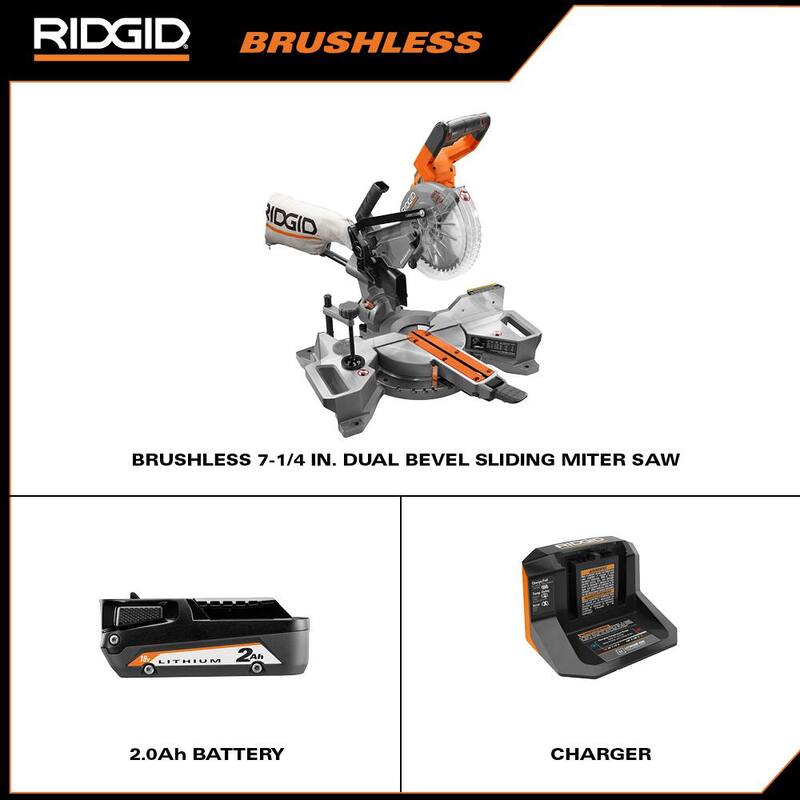 Sierra ingleteadora deslizante de bisel doble RIDGID 18V Brushless de 7-1/4 pulgadas con batería de iones de litio de 18V 2,0 Ah y cargador de 18V - R48607B-AC9302