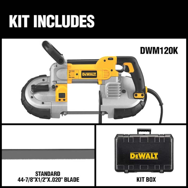 Si no se debe traducir la marca del producto, entonces el título sería:

DEWALT 10 Amp Deep Cut Band Saw Kit - DWM120K

Kit de sierra de banda de corte profundo de 10 amperes DEWALT - DWM120K
