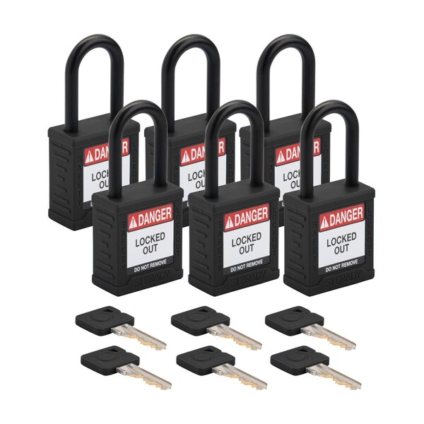 Brady Velocity Lockout Padlocks Nylon 1.5in Clearance KA Plastic Shackle Black 6PK - SDPL-BLK-38PL-KA6
