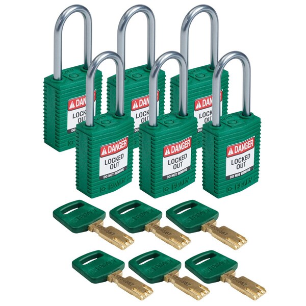 Brady Compact SafeKey Key Retaining Nylon Padlock 1.5 in Aluminum Shackle KD Green 6PK - CPT-GRN-38AL-KD6PK