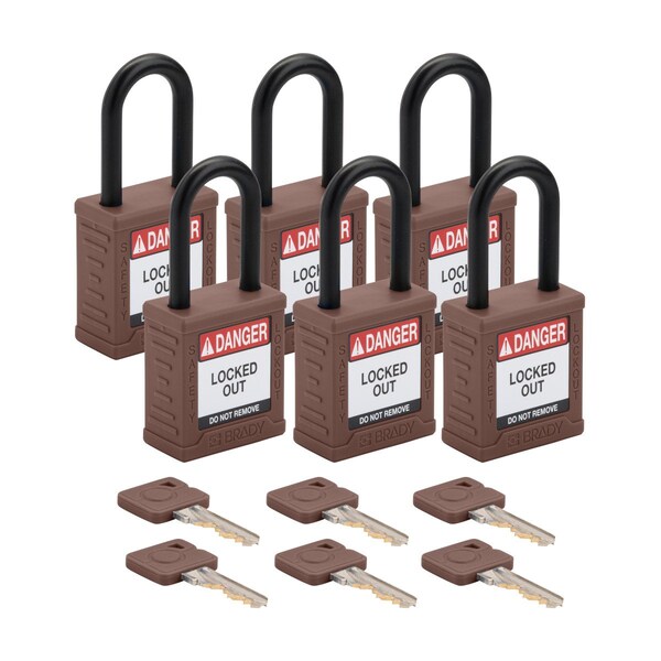 Brady Velocity Lockout Padlocks Nylon 1.5in Clearance KA Plastic Shackle Brown 6PK - SDPL-BRN-38PL-KA6