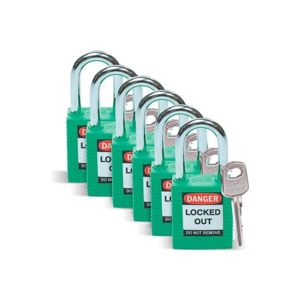 Brady Brady Lockout Padlock, Keyed Differently, 1-1/2, Plastic/Steel, Green, 6/Pack - 51345