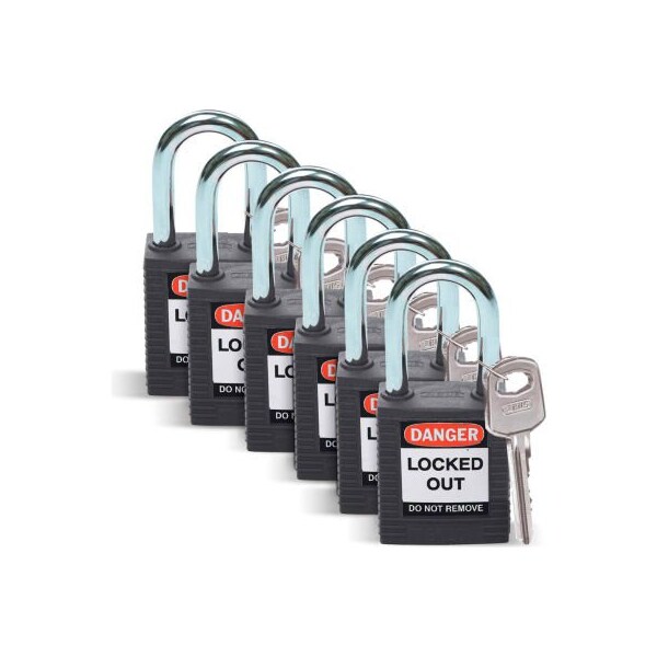Brady Brady Lockout Padlock, Keyed Differently, 1-1/2, Plastic/Steel, Black, 6/Pack - 51353