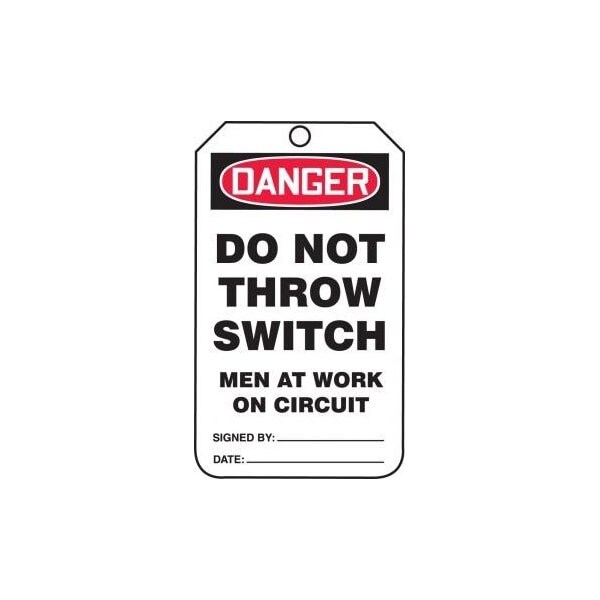 Accuform Mini Safety Tags, DANGER DO NOT THROW SWITCH MEN AT WORK ON CIRCUIT, 4.25in x 2.125in, 25PK - TAM107CTP