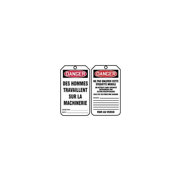 Accuform French Safety Tags, DANGER DES HOMMES TRAVAILLENT SUR LA MACHINERIE, 5.75inx3.25in, 25PK - TCF006PTP