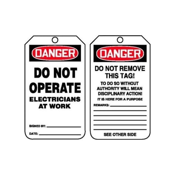 Accuform Safety Tags, DANGER DO NOT OPERATE ELECTRICIANS AT WORK, 5.75in x 3.25in, PF-Cardstock, 25PK - MDT166CTP