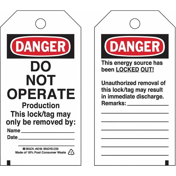 Brady Lockout Tag, Danger, Paper, 3 in Width, 5 3/4 in Height, Write On Surface: Yes - 133555