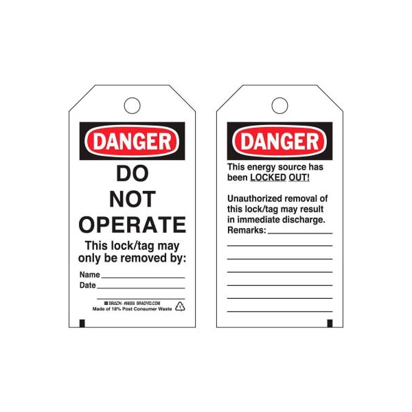 Brady Brady 65502 Lockout Tag- Danger Do Not Operate, Self-Laminating, Heavy Duty Polyester, 25/Pack - 65502