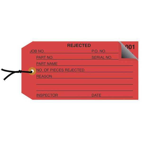 Partners Brand Inspection Tags, 2 Part, Numbered 001-499, Pre-Strung, "Rejected", 4 3/4" x 2 3/8", Red, 500/Case - G21022